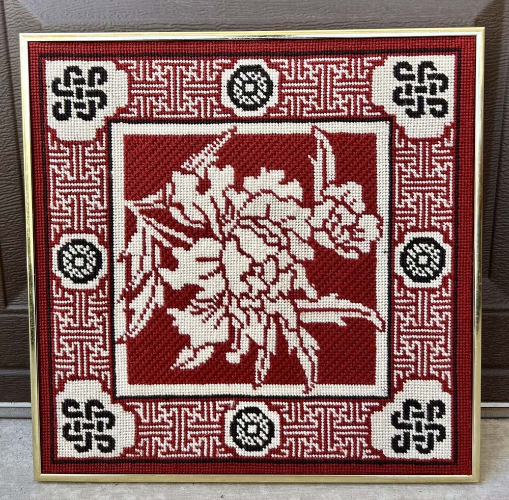 Vintage Hand Crafted Needlepoint Wall Art Floral Red White